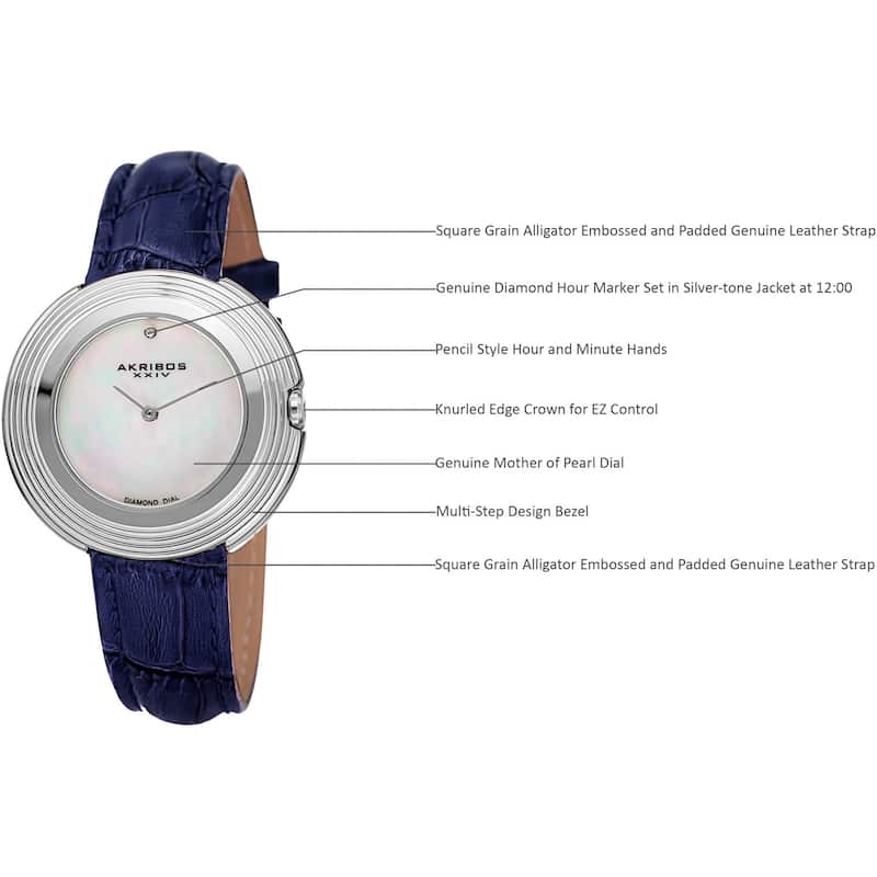 Akribos XXIV Women's Quartz Diamond Leather Silver-Tone Strap Watch - Blue