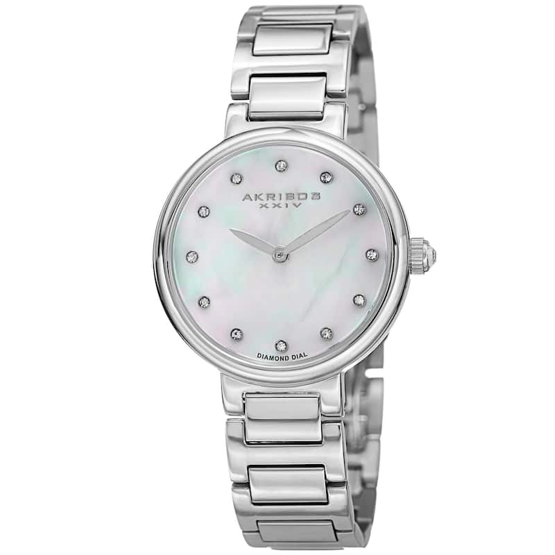 Akribos XXIV Women's Japanese Quartz Mother of Pearl Genuine Diamond Bracelet Watch - Silver-Tone
