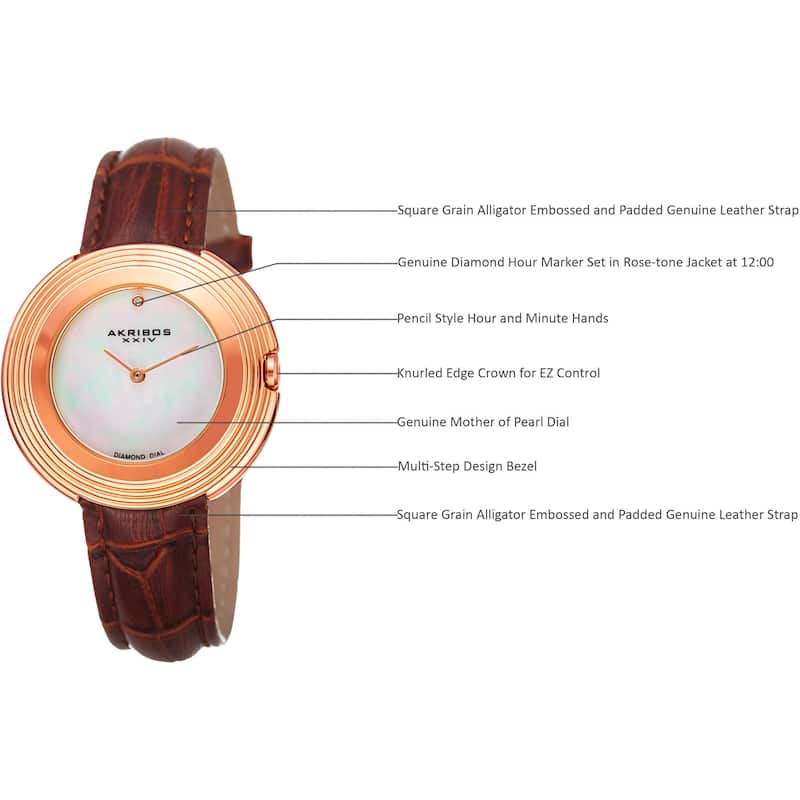 Akribos XXIV Women's Quartz Diamond Leather Rose-Tone Strap Watch - brown