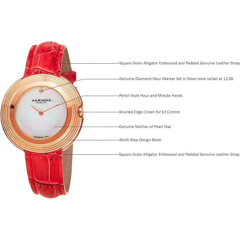 Akribos XXIV Women's Quartz Diamond Leather Red Strap Watch