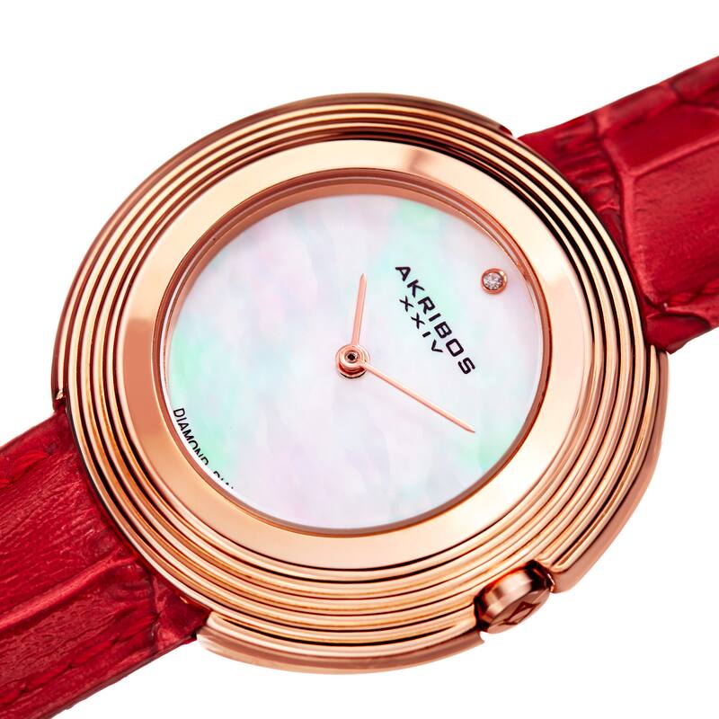 Akribos XXIV Women's Quartz Diamond Leather Red Strap Watch