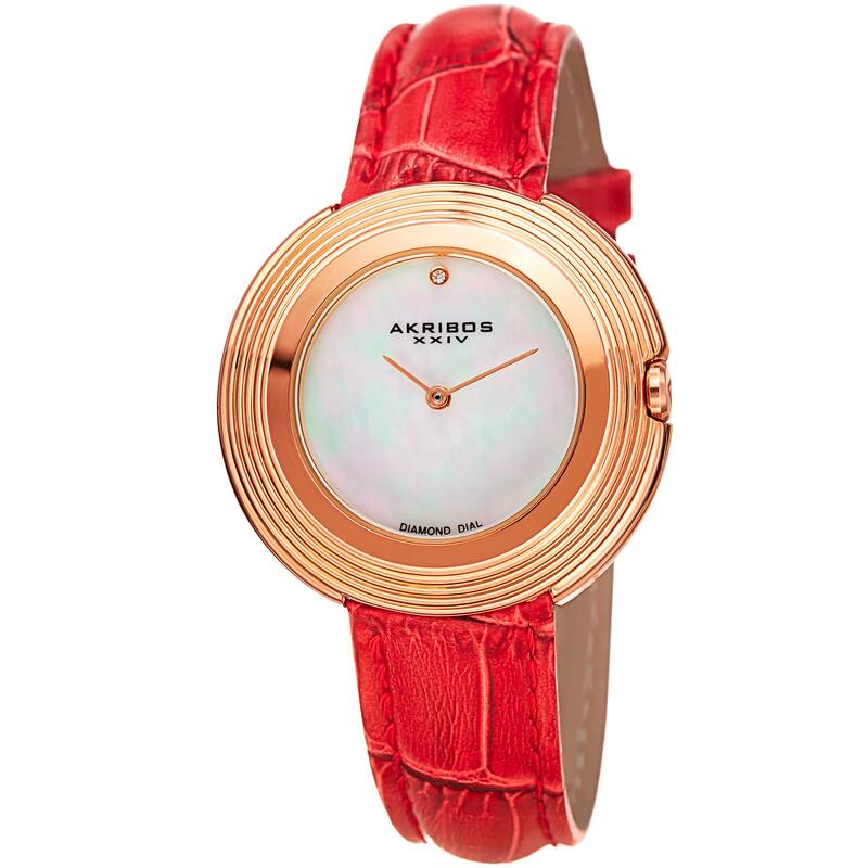 Akribos XXIV Women's Quartz Diamond Leather Red Strap Watch