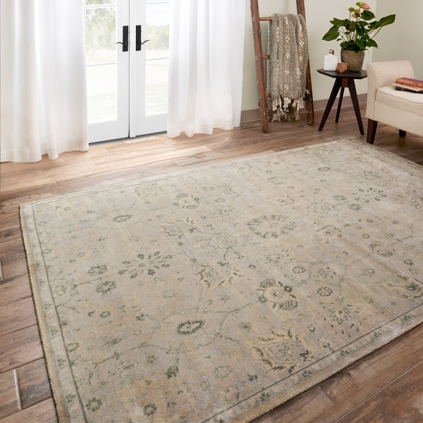Traditional Distressed Stone Beige/ Blue Floral Rug - 9'2 x 12'2