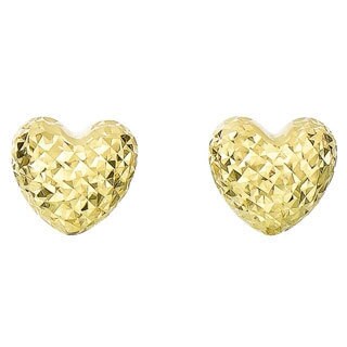 14k Diamond Cut And Polished Gold Puff Heart Earrings On 14k Diamond Cut And Polished Gold Puff Heart Earrings