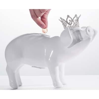 Interior Illusions Plus White Piggy Bank with Tiara - 10.5" long
