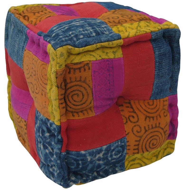 Handmade Striped Cotton Ottoman (India) - 16" x 16" x 16"