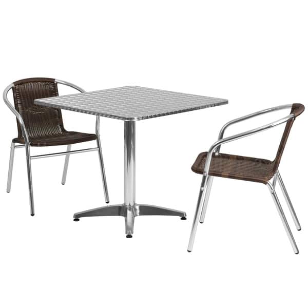 slide 2 of 4, 31.5'' Square Aluminum Indoor-Outdoor Table Set with 2 Rattan Chairs Dark brown
