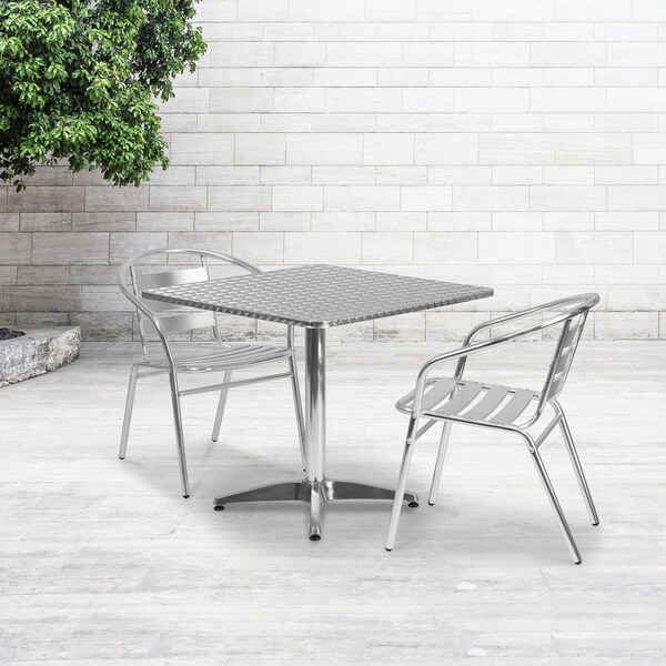 31.5-foot Square Aluminum Indoor/ Outdoor Table with 2 Slat Back Chairs. Opens flyout.