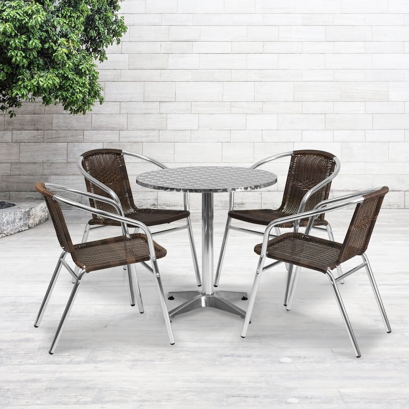27.5'' Round Aluminum Indoor-Outdoor Table Set with 4 Rattan Chairs - 27.5"W x 27.5"D x 27.5"H