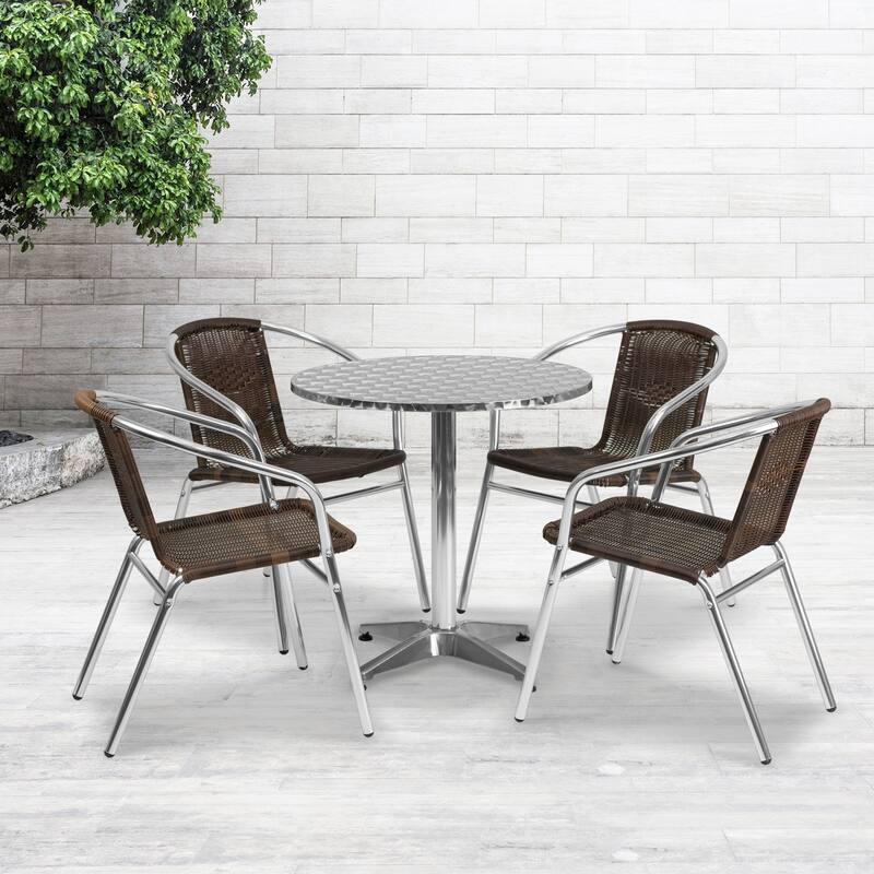 27.5'' Round Aluminum Indoor-Outdoor Table Set with 4 Rattan Chairs - 27.5"W x 27.5"D x 27.5"H