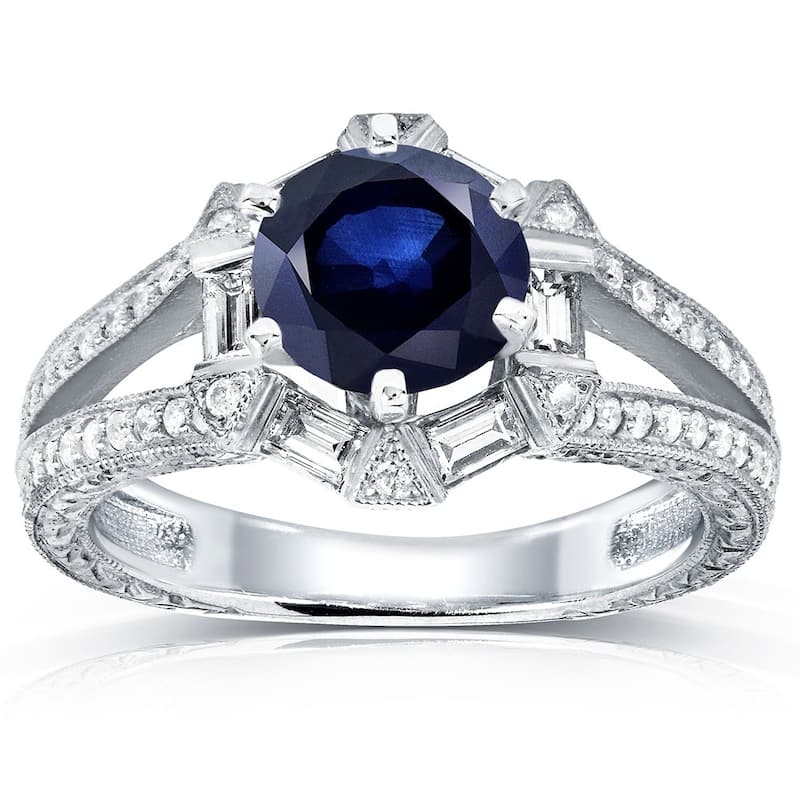Annello by Kobelli 14k White Gold Blue Sapphire and 1/2ct TDW Diamond Art Deco Ring (G-H, - 4