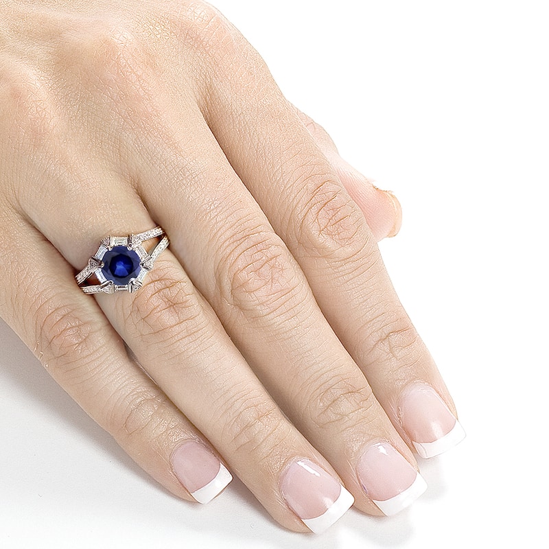 Annello by Kobelli 14k White Gold Blue Sapphire and 1/2ct TDW Diamond Art Deco Ring (G-H,