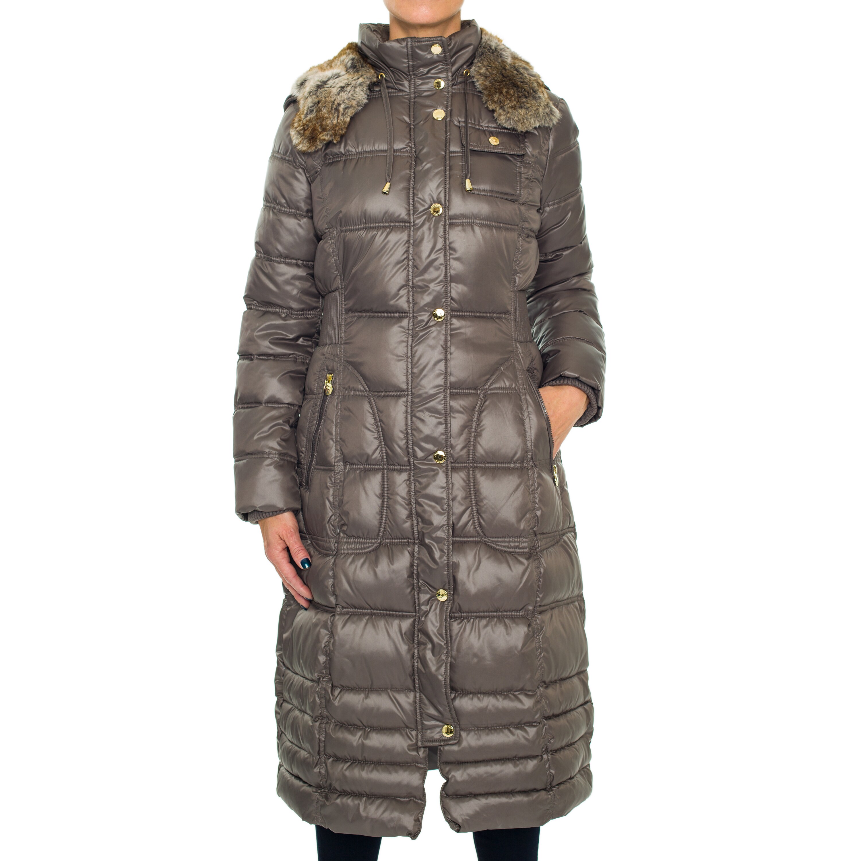 knee length puffer coat with fur trimmed hood