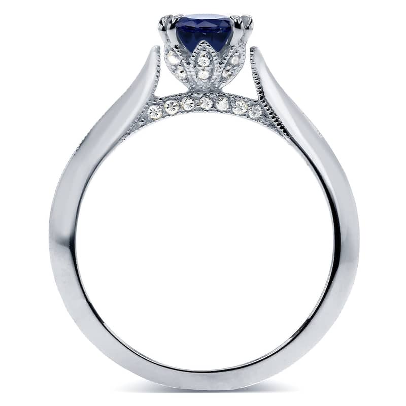 Annello by Kobelli 14k White Gold Blue Sapphire and Diamond Antique Flower Head Soft Knife Edge Ring