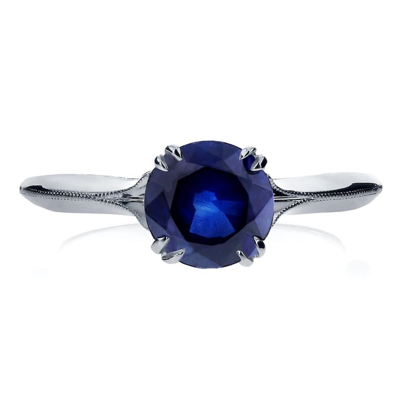 Annello by Kobelli 14k White Gold Blue Sapphire and Diamond Antique Flower Head Soft Knife Edge Ring
