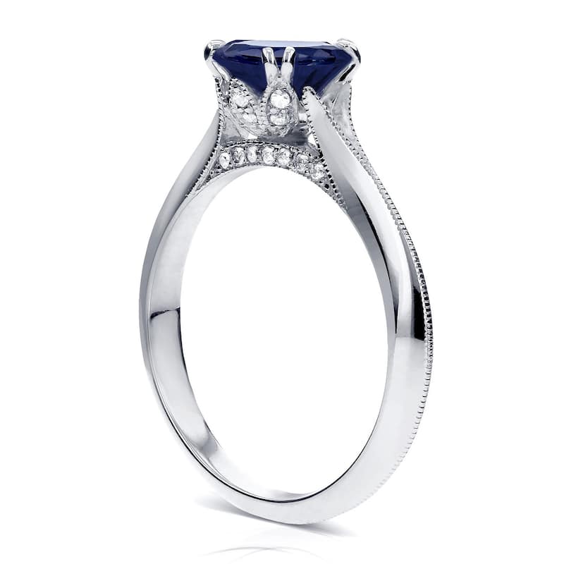 Annello by Kobelli 14k White Gold Blue Sapphire and Diamond Antique Flower Head Soft Knife Edge Ring