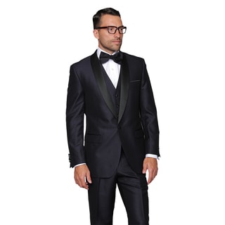Ferrecci Mens Slim Fit Shiny Black Sharkskin Suit - 16055220 ...