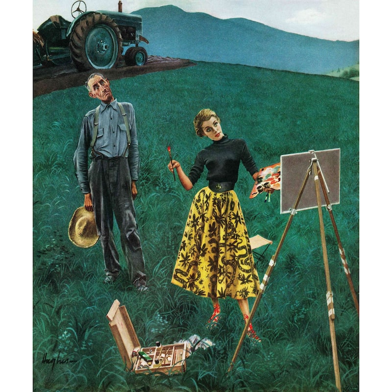 Marmont Hill - Handmade Farmer and Female Artist in Fields Painting Print on Canvas - Multi-color