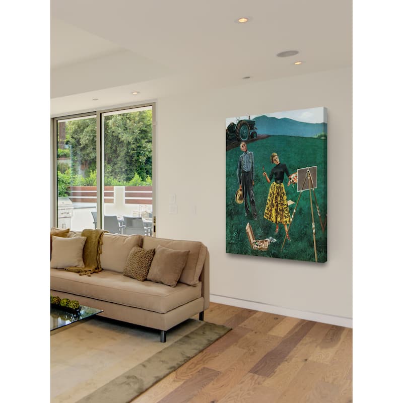Marmont Hill - Handmade Farmer and Female Artist in Fields Painting Print on Canvas - Multi-color