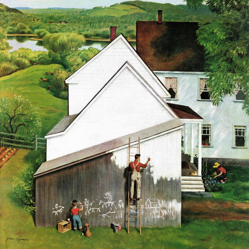 Marmont Hill - 'Helping Dad Paint' by John Clymer Painting Print on Canvas - Multi-Color
