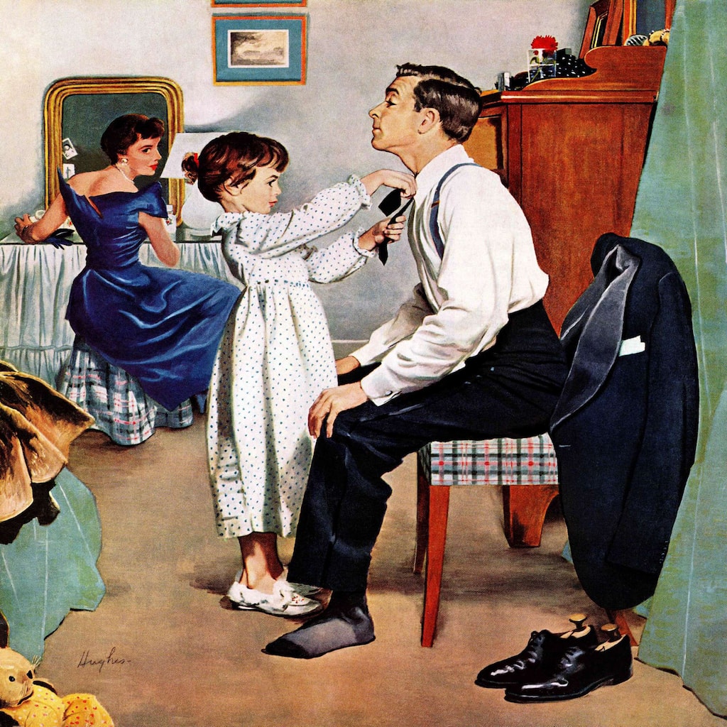 Marmont Hill - 'Fixing Father's Tie' by George Hughes Painting Print on Canvas - Multi-Color