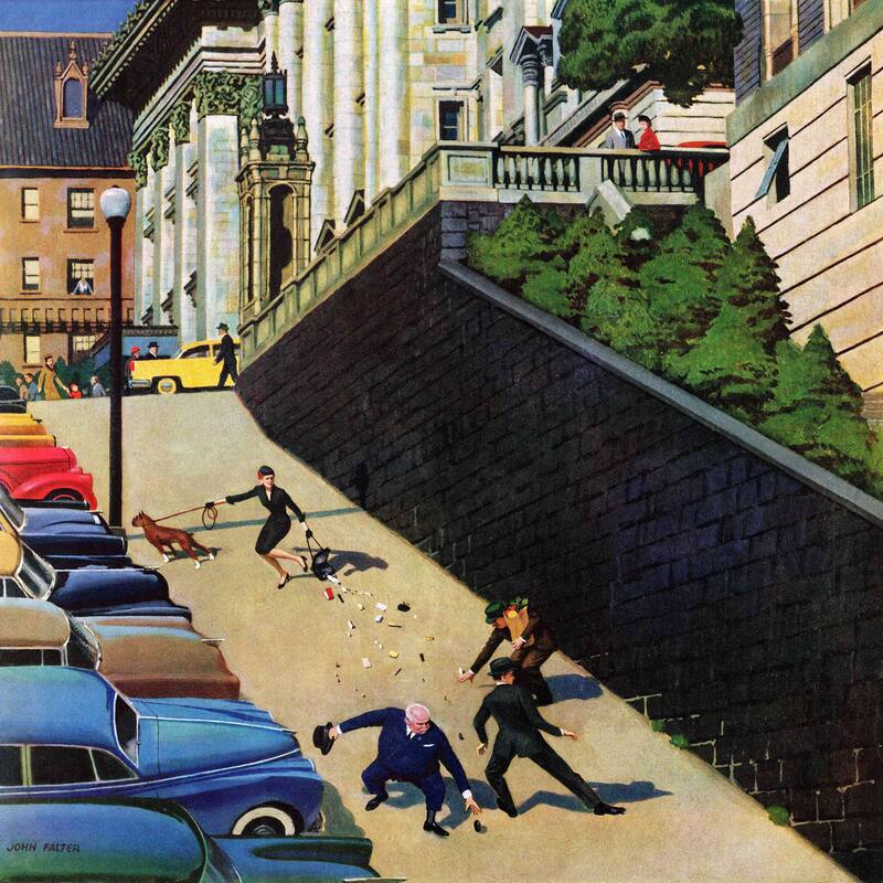 Marmont Hill - 'Spilled Purse on Steep Hill' by John Falter Painting Print on Canvas - Multi-Color