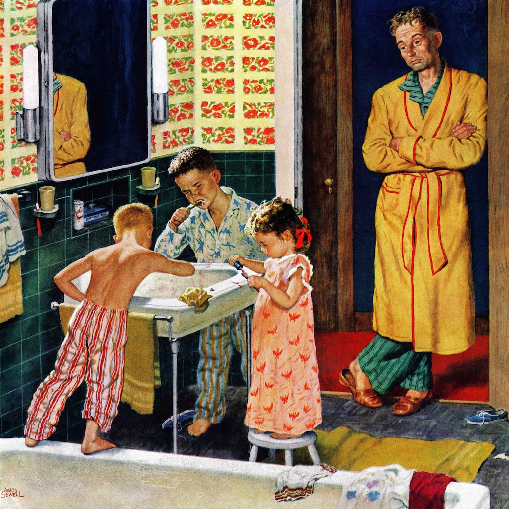 Marmont Hill - 'Brushing Their Teeth' by Amos Sewell Painting Print on Canvas - Multi-Color