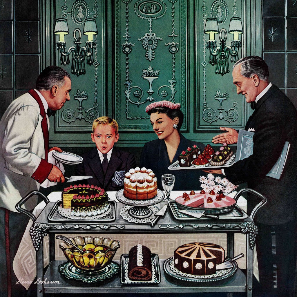 Marmont Hill - 'Dessert Cart' by Stevan Dohanos Painting Print on Canvas - Multi-Color