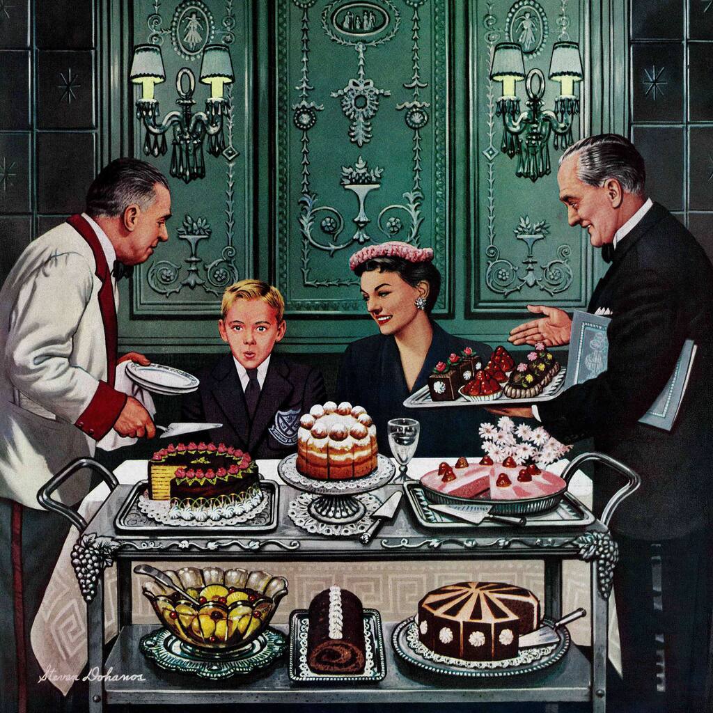 Marmont Hill - 'Dessert Cart' by Stevan Dohanos Painting Print on Canvas - Multi-Color