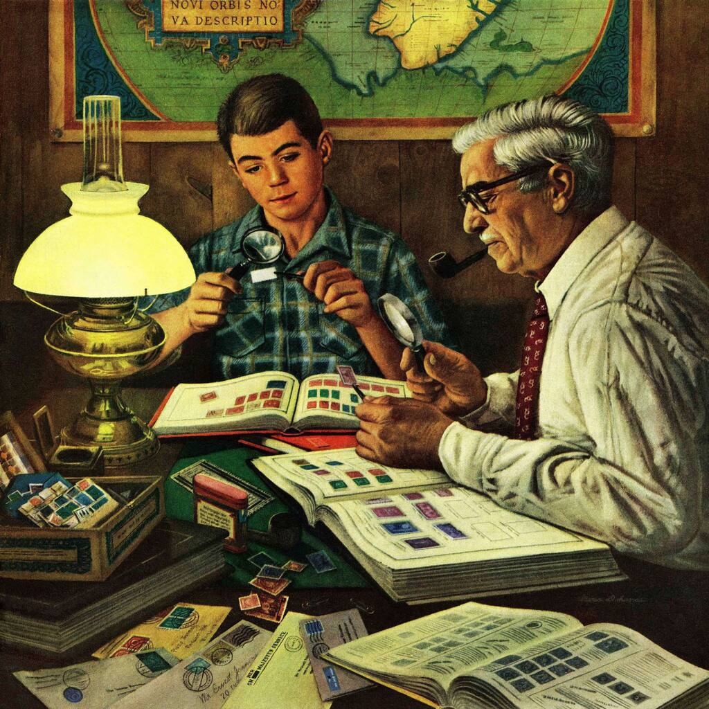 Marmont Hill - 'Stamp Collecting' by Stevan Dohanos Painting Print on Canvas - Multi-Color