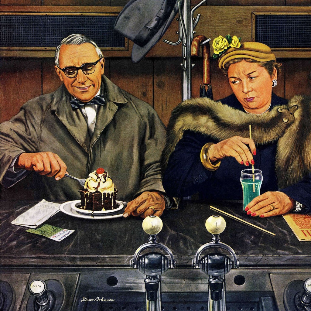 Marmont Hill - 'Soda Fountain Dieter' by Stevan Dohanos Painting Print on Canvas - Multi-Color