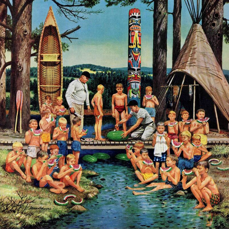 Marmont Hill - 'Watermelon at Camp' by Stevan Dohanos Painting Print on Canvas - Multi-Color
