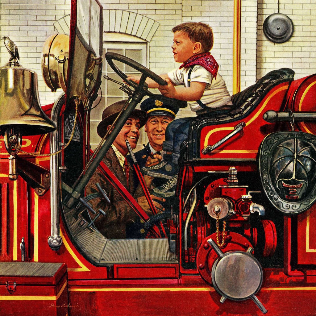 Marmont Hill - 'Boy on Fire Truck' by Stevan Dohanos Painting Print on Canvas - Multi-Color