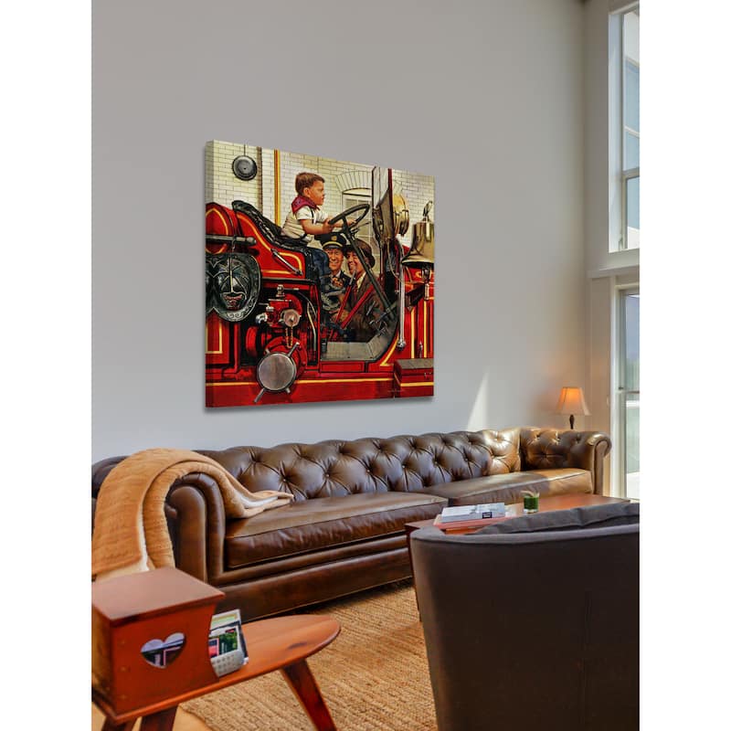 Marmont Hill - 'Boy on Fire Truck' by Stevan Dohanos Painting Print on Canvas - Multi-Color