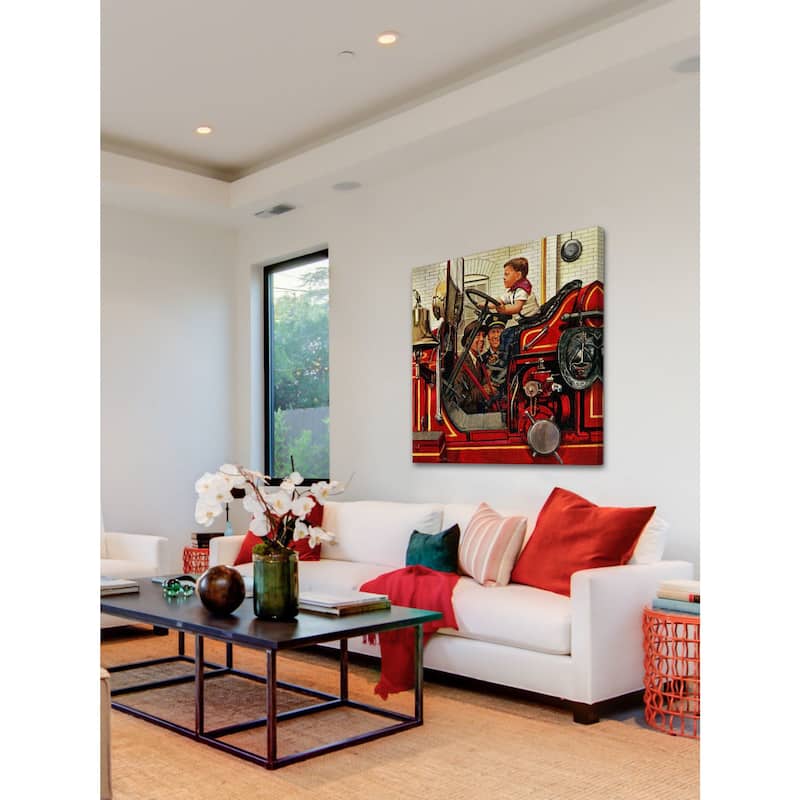 Marmont Hill - 'Boy on Fire Truck' by Stevan Dohanos Painting Print on Canvas - Multi-Color