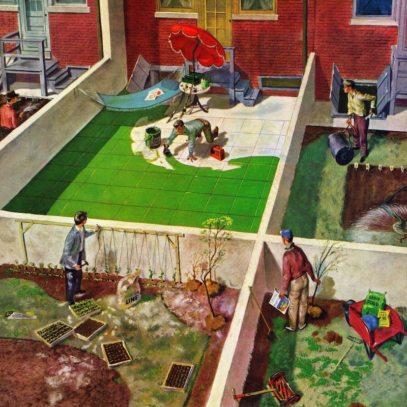 Marmont Hill - 'Painting the Patio Green' by Thornton Utz Painting Print on Canvas