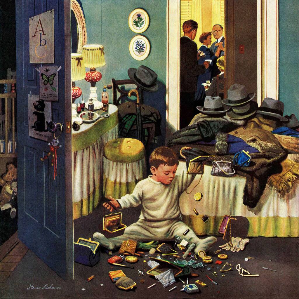 Marmont Hill - 'Toddler Empties Purses' by Stevan Dohanos Painting Print on Canvas - Multi-Color