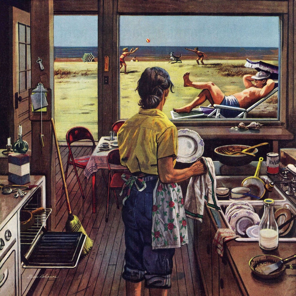 Marmont Hill - 'Doing Dishes at the Beach' by Stevan Dohanos Painting Print on Canvas