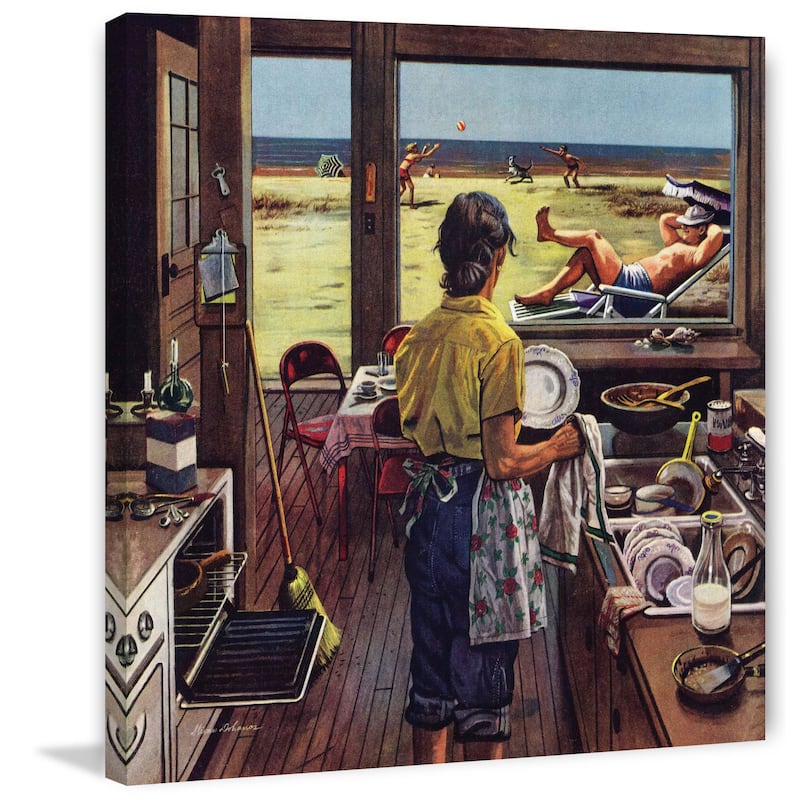 Marmont Hill - 'Doing Dishes at the Beach' by Stevan Dohanos Painting Print on Canvas