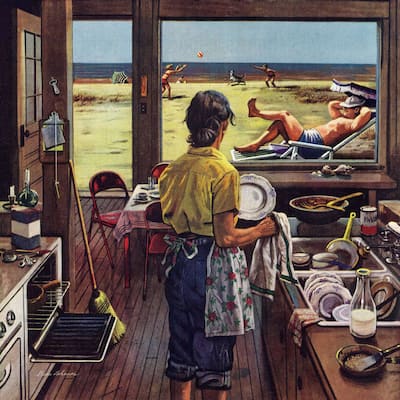 Marmont Hill - 'Doing Dishes at the Beach' by Stevan Dohanos Painting Print on Canvas