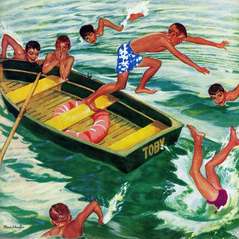 Marmont Hill - 'Rowboat Diving' by Mead Schaeffer Painting Print on Canvas - Multi-Color