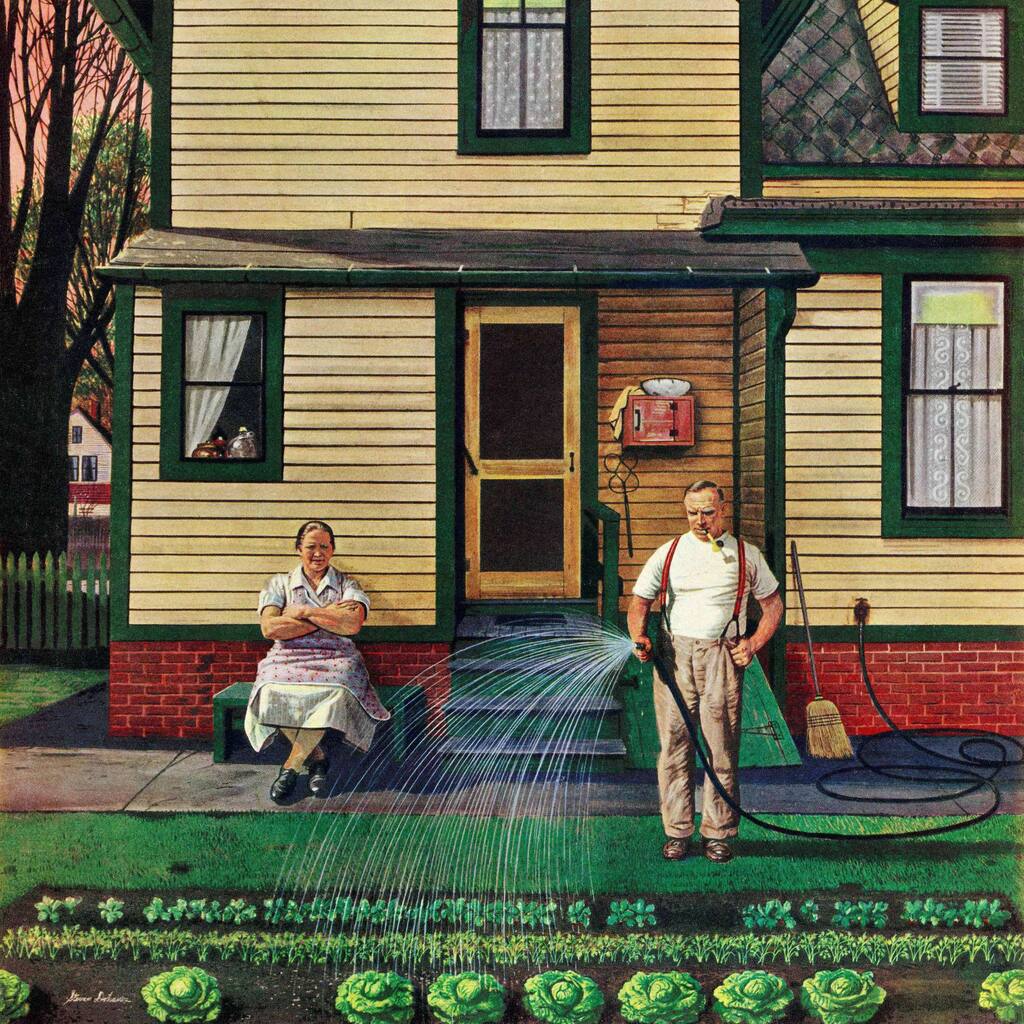 Marmont Hill - 'Tending the Garden' by Stevan Dohanos Painting Print on Canvas