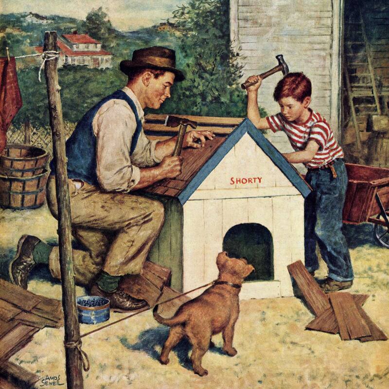 Marmont Hill - 'Building the Doghouse' by Amos Sewell Painting Print on Canvas - Multi-Color