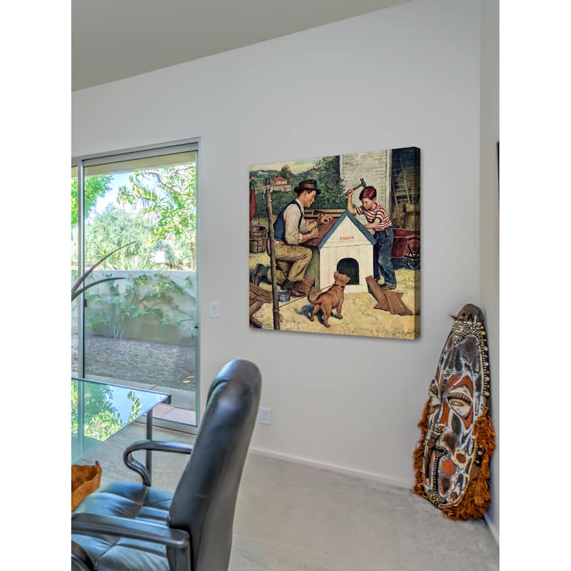 Marmont Hill - 'Building the Doghouse' by Amos Sewell Painting Print on Canvas - Multi-Color