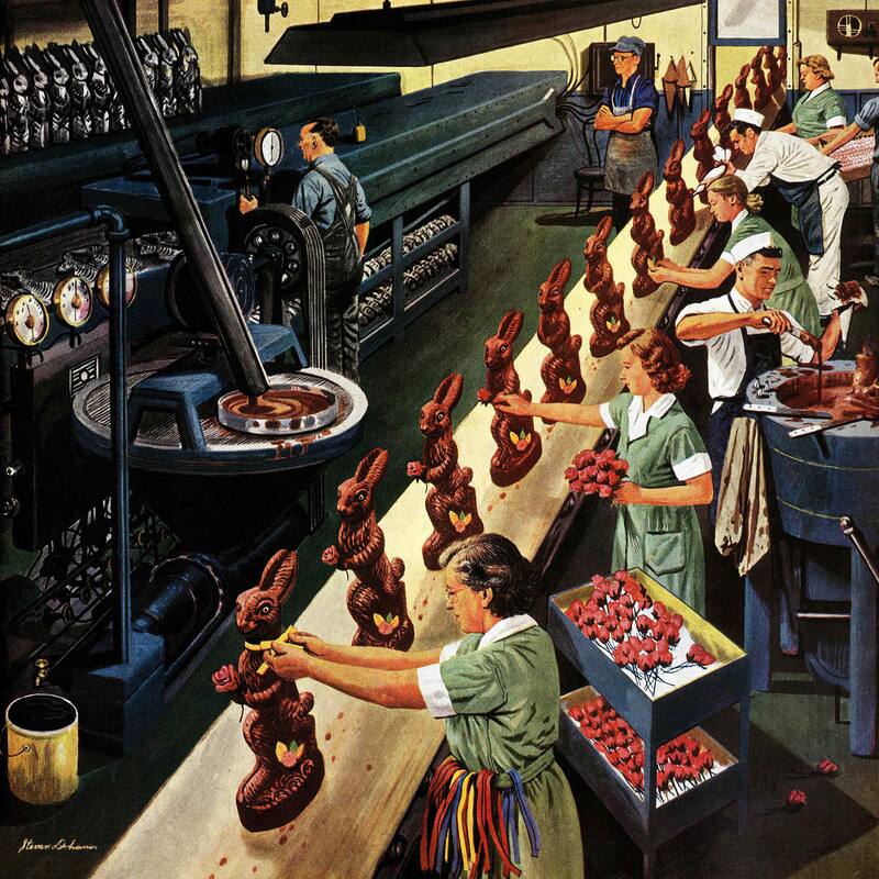 Marmont Hill - 'Chocolate Easter Bunnies' by Stevan Dohanos Painting Print on Canvas - Multi-Color