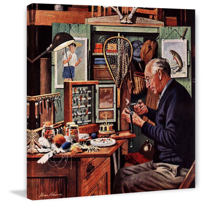 Marmont Hill - 'Tying Flies' by Stevan Dohanos Painting Print on Canvas - Multi-Color