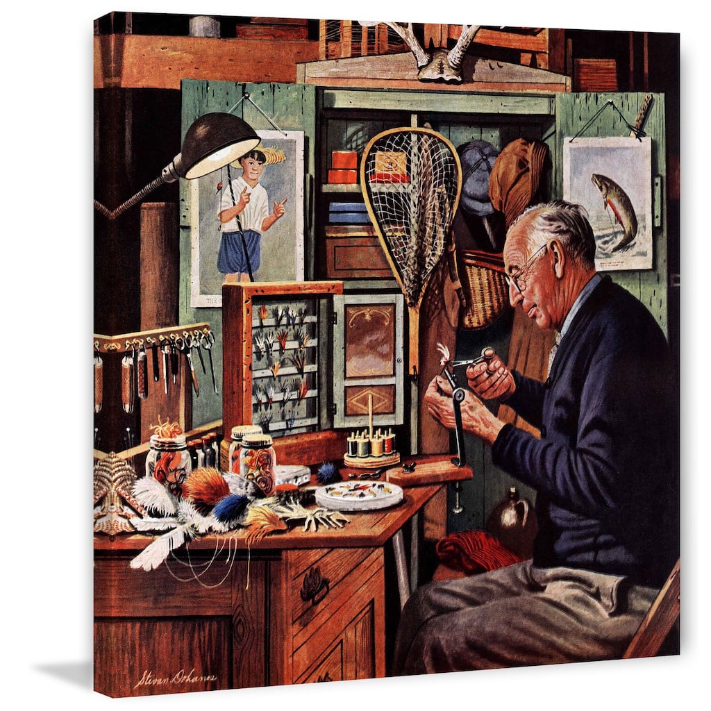 Marmont Hill - 'Tying Flies' by Stevan Dohanos Painting Print on Canvas - Multi-Color