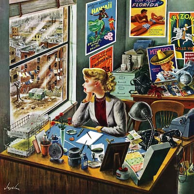 Marmont Hill - 'Travel Agent at Desk' by Constantin Alajalov Painting Print on Canvas