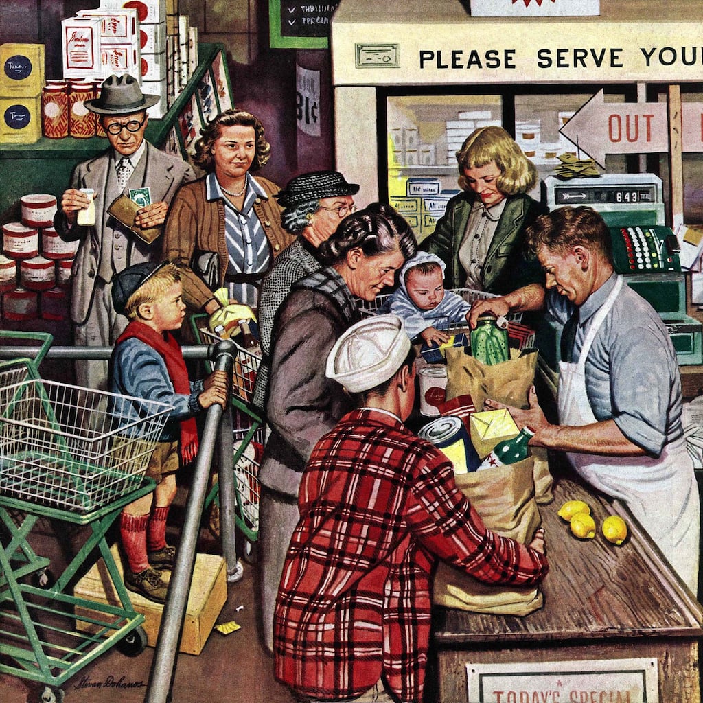 Marmont Hill - 'Grocery LIne' by Stevan Dohanos Painting Print on Canvas - Multi-Color