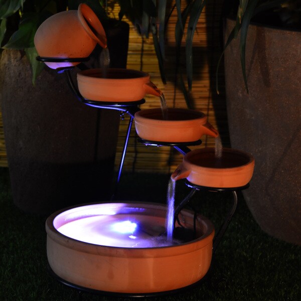 Terra Cotta Cascade Solar Water Fountain With Water Pump Battery And Led Light